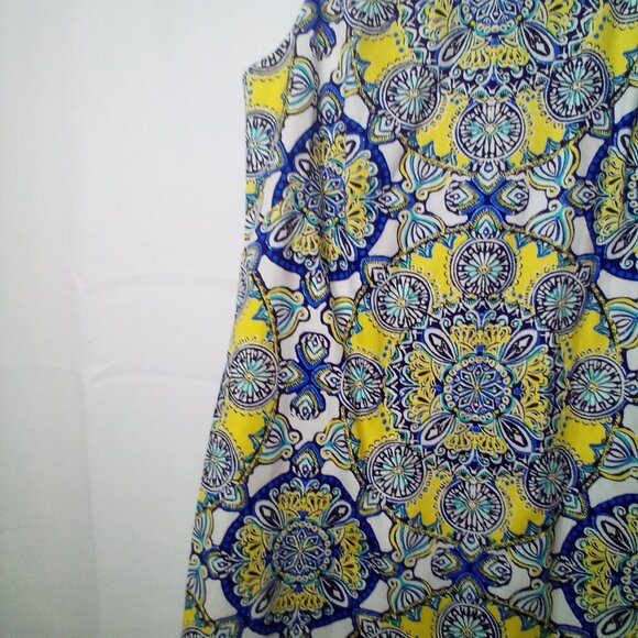 London Times Dress Women 6 Sleeveless Pattern Back Zip Yellow Blue - Picture 4 of 12